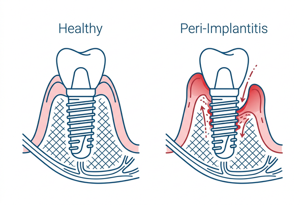 Diagram comparing healthy peri-implant tissue to peri-implantitis, showing inflammation and bone loss