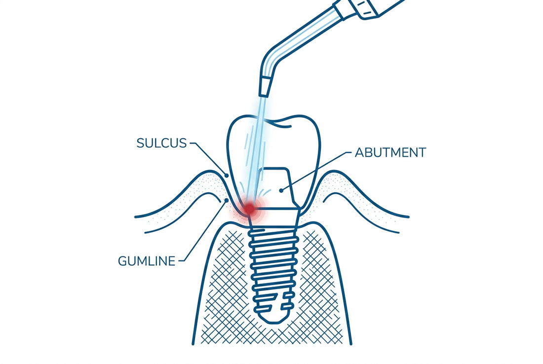 Diagram showing a water flosser tip angled downward, directing water into the sulcus at the implant gumline