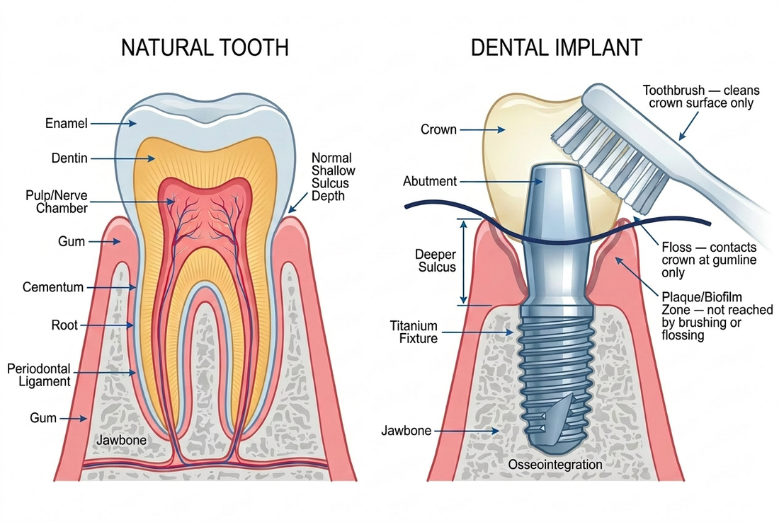 Diagram comparing a natural tooth to a dental implant, showing the deeper sulcus around implants and how a toothbrush and floss can only reach the crown surface, not the base of the sulcus where plaque and biofilm collect