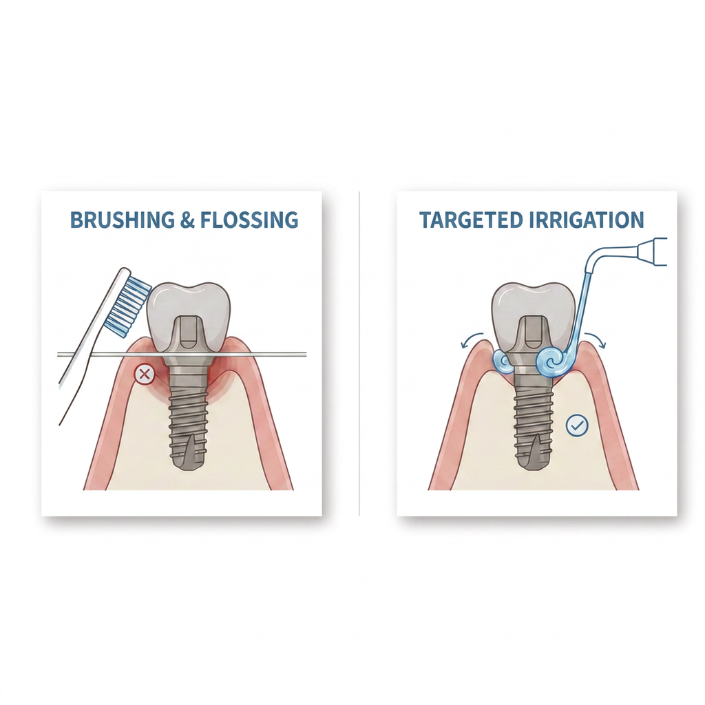 Comparison diagram: brushing and flossing cannot reach below the gumline around a dental implant, while Implant ProCare's targeted irrigation stream reaches the implant collar and abutment junction.