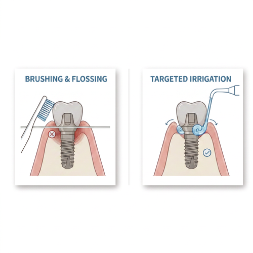 Comparison diagram: brushing and flossing cannot reach below the gumline around a dental implant, while Implant ProCare's targeted irrigation stream reaches the implant collar and abutment junction.