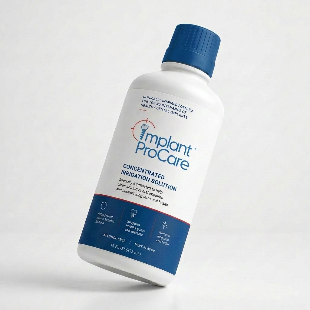 Implant ProCare bottle at a 3/4 angle, showing the blue cap and label.
