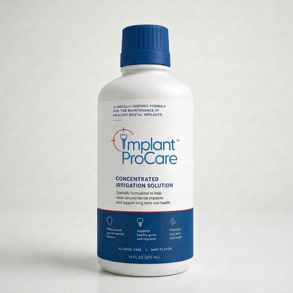 Implant ProCare bottle at a steep profile angle, showing the side of the label.